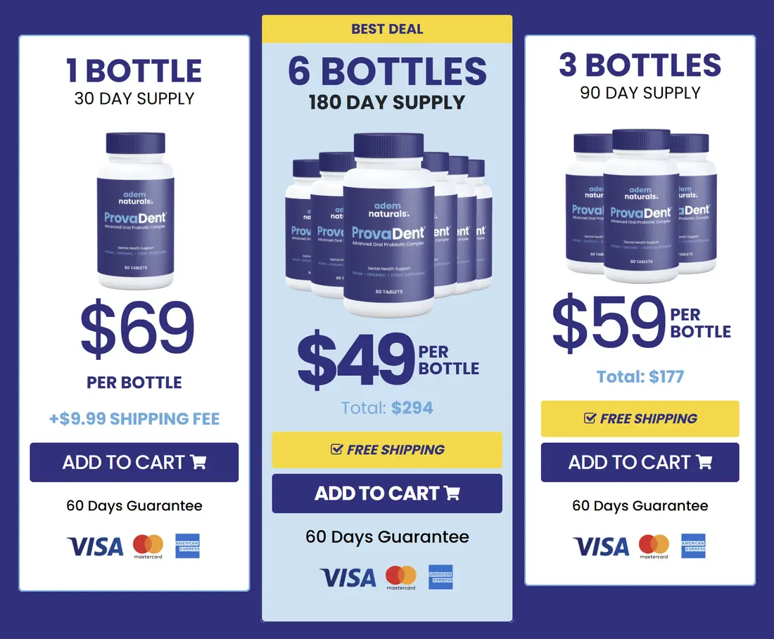 ProvaDent pricing packages 1 bottle 69 3 bottles 59 6 bottles 49