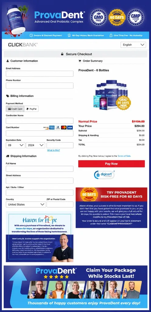 ProvaDent secure ClickBank checkout page with 6 bottle package and Pay Now